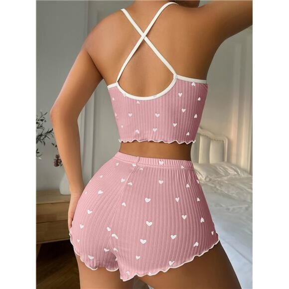 Women's Heart Print Frill Trim Sexy Ribbed Pajama Set, Bow Decor Notched Neck - Picture 2 of 6